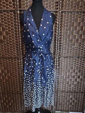 Anne Klein Navy and White Polka Dot Sleeveless Wrap Midi Dress
